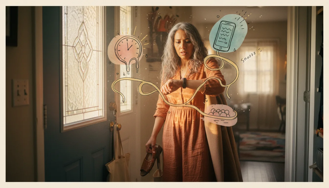 ADHD time blindness: one shoe on, checking a watch in panic.