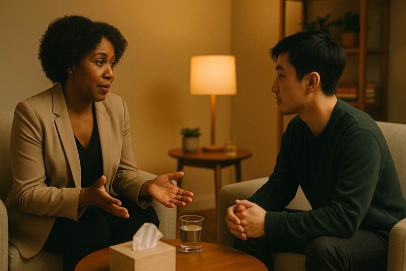 Therapy Support Clinician talking with adult about ADHD workplace strategies