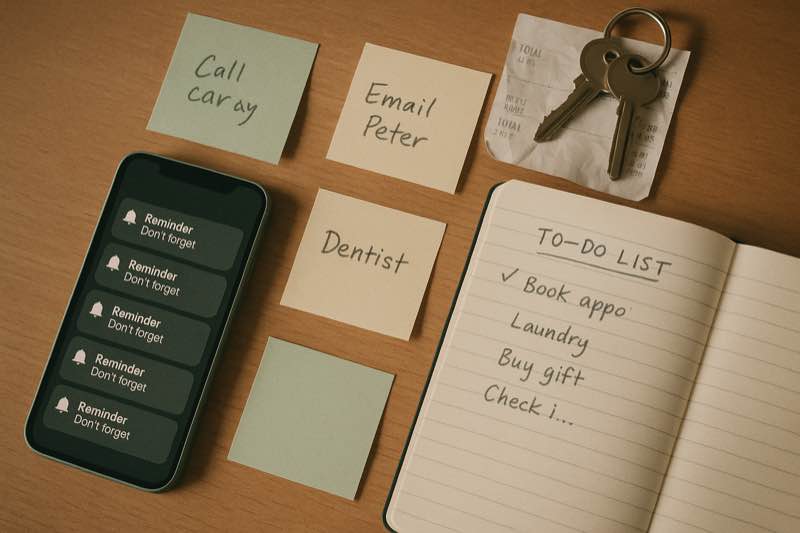 Everyday Adult ADHD Signs Messy desk with reminders, scattered notes, and to-do list representing adult executive function struggles