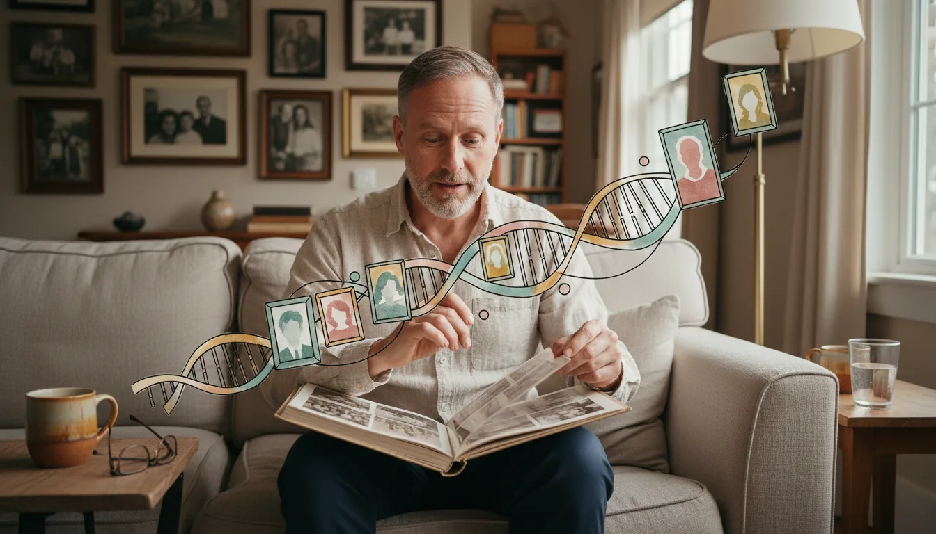 Family photo album tracing inherited ADHD traits across generations.